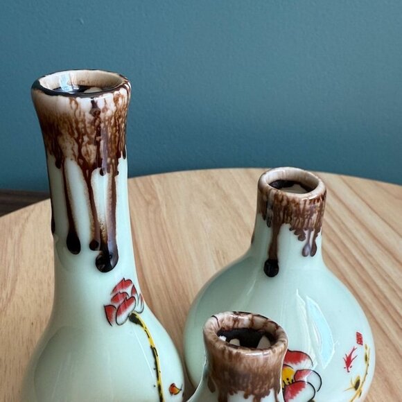 3 Vintage Asian Satsuma Vases Hand-Painted Ceramic Miniature Floral Neutrals - Picture 2 of 9